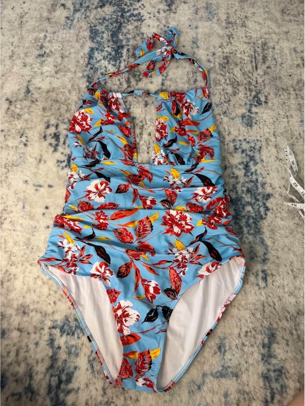 Eomenie Halter One Piece Swimsuit Tummy Control Blue Tropical Floral Size XL EUC